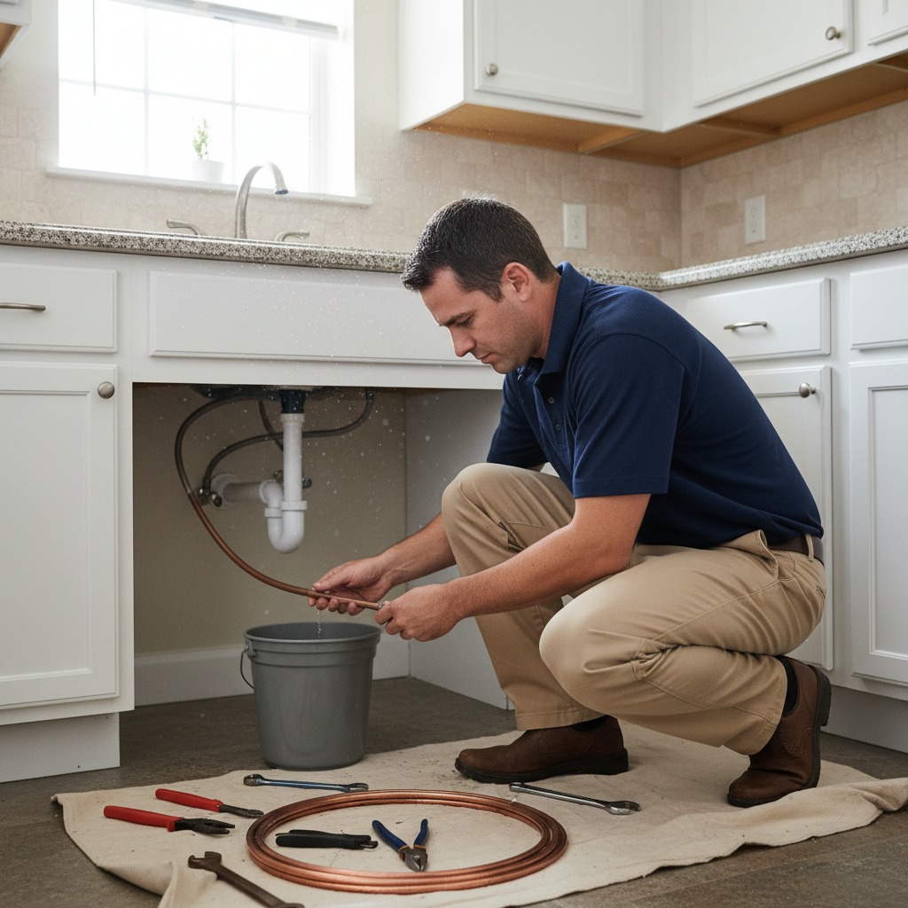 A plumber in a blue polo shirt and khaki pants kneels in a kitchen, holding a leaking pipe over a bucket.