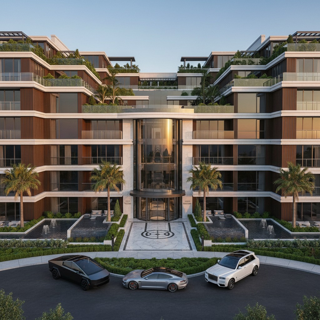 A symmetrical luxury apartment building features stepped terraces, a tall central glass entryway with fountains on either side, and three high-end cars parked in the front drive.